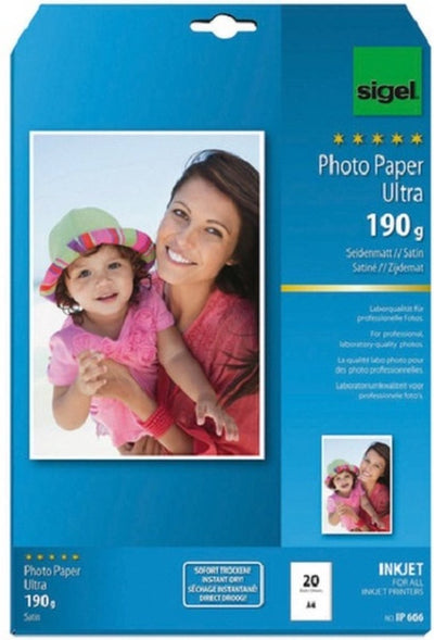 Papier photo jet d'encre Sigel - ultra - a4 - mat soyeux - 190 grammes - 20 feuilles - si-ip666