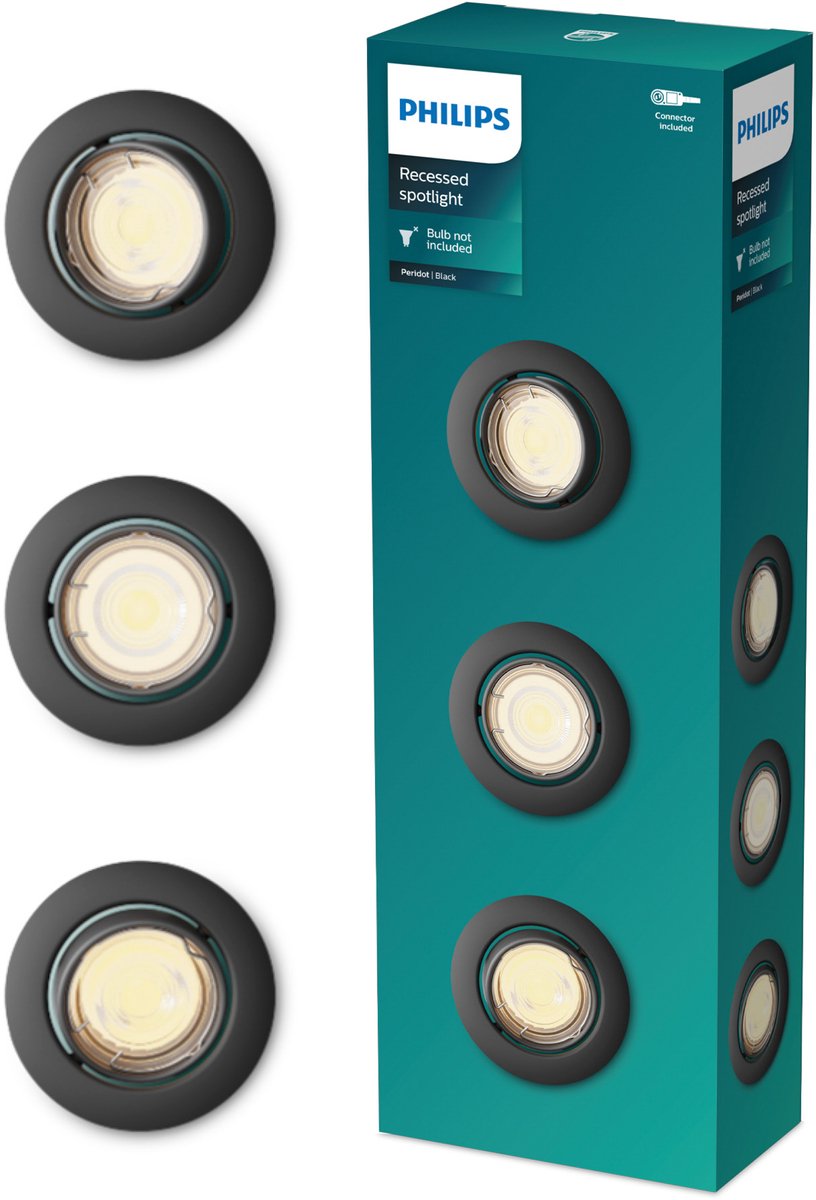 Philips LED Spot encastrable Philips Peridot - raccord gu10 - noir - rond - spot orientable - pack de 3