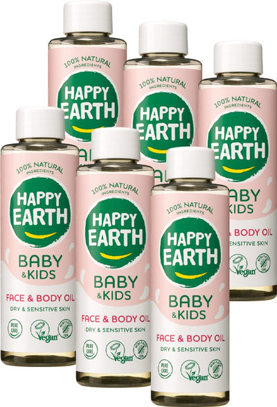 Happy earth bundle huile visage et corps bébé enfants - 100% naturelle - sans microplastique - soins pour bébé - avec adoucissant végétal pour la peau - convient aux nouveau-nés - 6 x 150 ml - pack économique