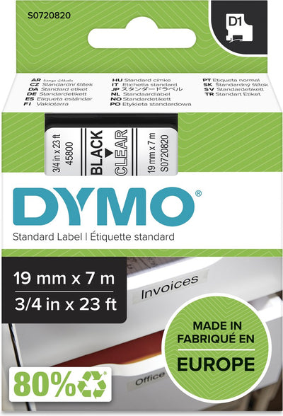 Étiquettes Dymo originales d1 | texte noir sur étiquette transparente | 19 mm x 7 m | étiquettes autocollantes pour l'imprimante d'étiquettes Label Manager | fabriqué en europe