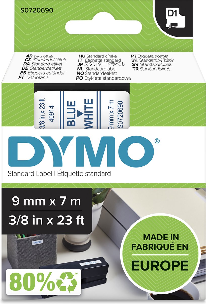 Étiquettes Dymo originales d1 | texte bleu sur étiquette blanche | 9 mm x 7 m | étiquettes autocollantes pour l'imprimante d'étiquettes Label Manager | fabriqué en europe