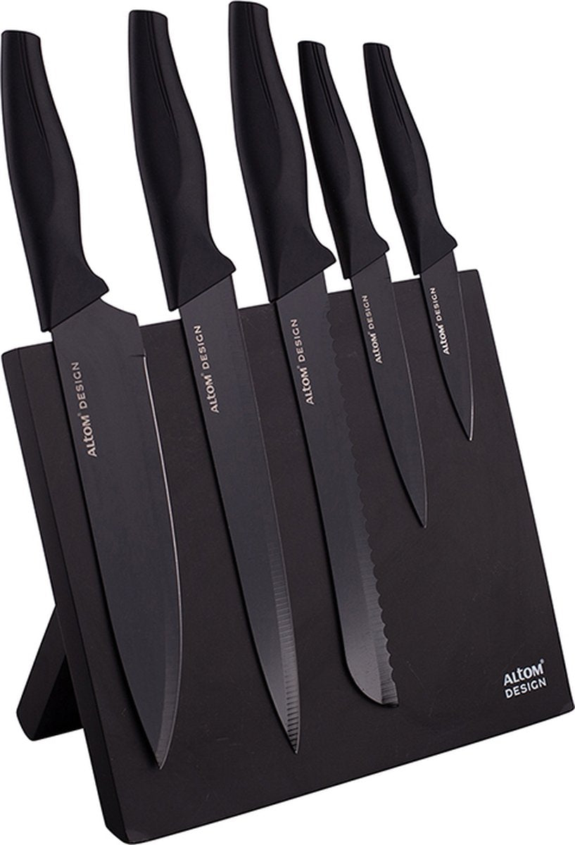 Bloc à couteaux magnétique noir design Altom avec 5 couteaux noirs - poignées ergonomiques - beau design - moderne et élégant - avec 5 couteaux noirs