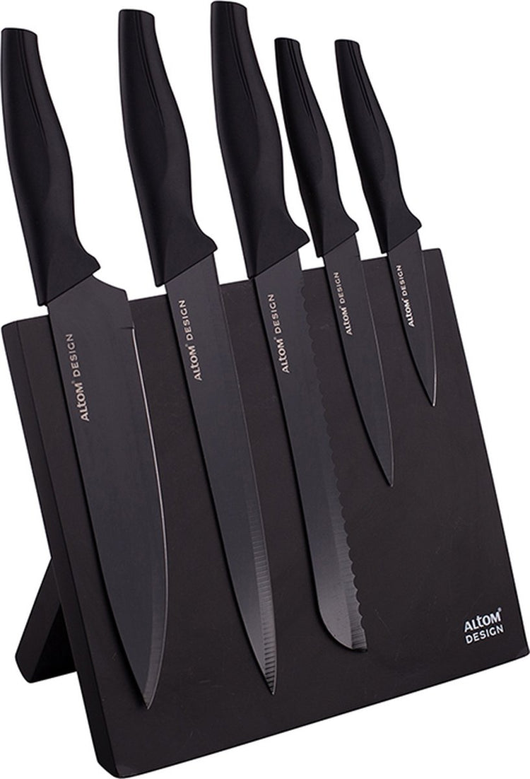 Bloc à couteaux magnétique noir design Altom avec 5 couteaux noirs - poignées ergonomiques - beau design - moderne et élégant - avec 5 couteaux noirs