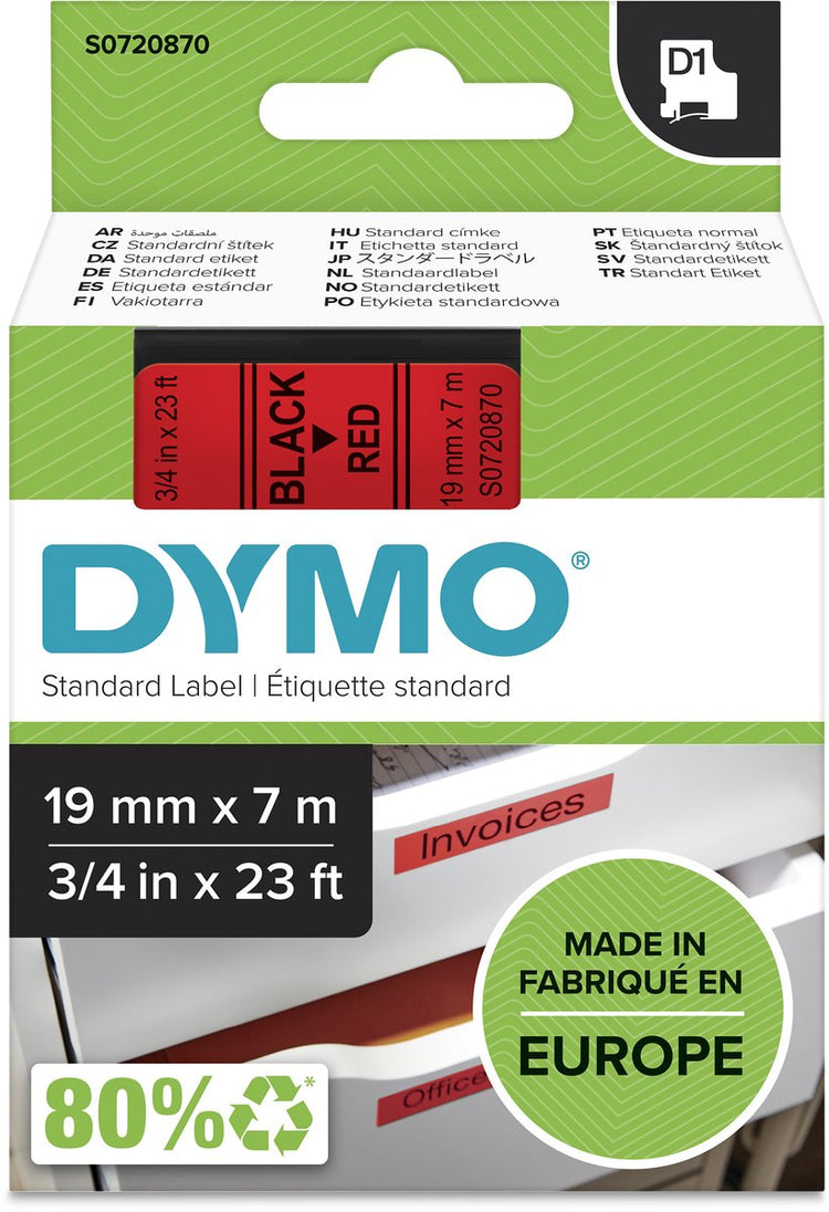 Étiquettes Dymo originales d1 | texte noir sur étiquette rouge | 19 mm x 7 m | étiquettes autocollantes pour l'étiqueteuse Label Manager | fabriqué en europe