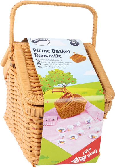 Petit panier de pique-nique en bois avec une vaisselle romantique, 30dlg.