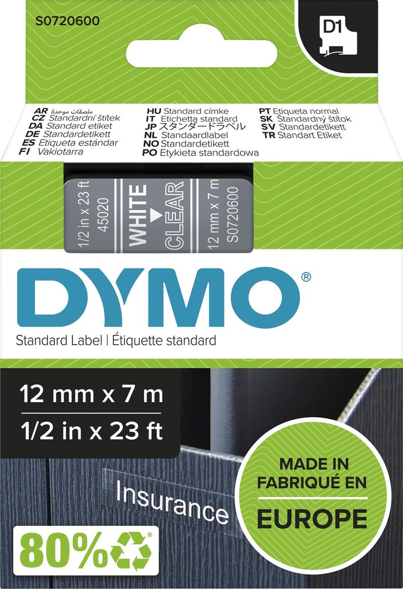 Étiquettes Dymo originales d1 | texte blanc sur étiquette transparente | 12 mm x 7 m | étiquettes autocollantes pour l'imprimante d'étiquettes Label Manager | fabriqué en europe