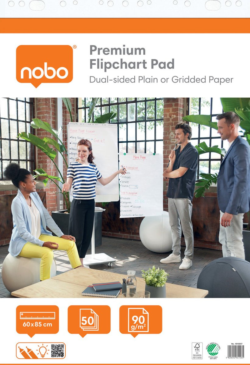 Papier paperboard premium Nobo en rouleau - 50 feuilles de papier recto-verso vierge ou quadrillé - 60x85cm - 90 grammes