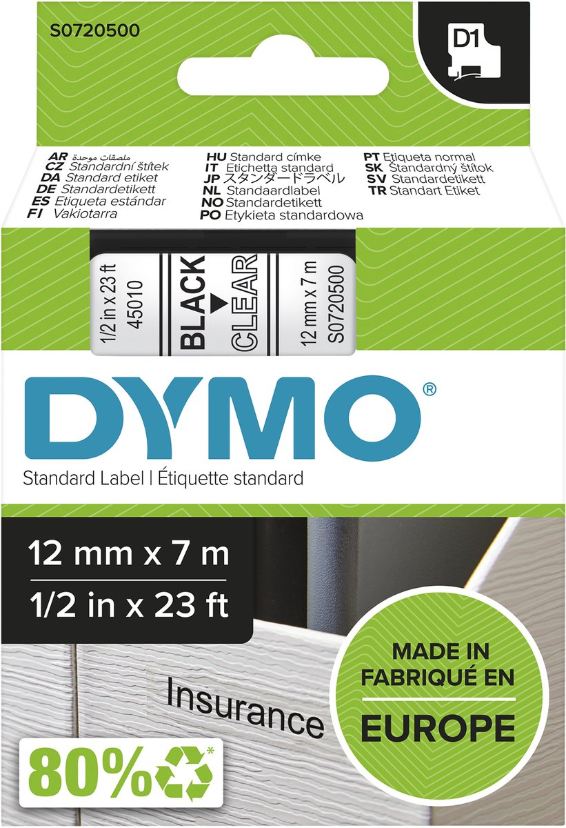 Dymo d1 - cassette à ruban - 12 mm x 7 m - noir transparent