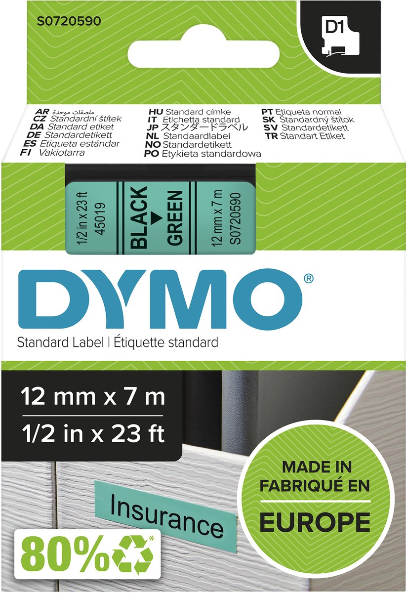Étiquettes Dymo originales d1 | texte noir sur étiquette verte | 12 mm x 7 m | étiquettes autocollantes pour l'imprimante d'étiquettes Label Manager | fabriqué en europe