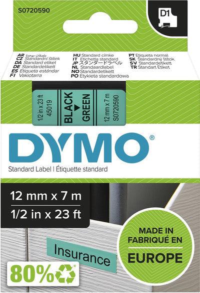 Étiquettes Dymo originales d1 | texte noir sur étiquette verte | 12 mm x 7 m | étiquettes autocollantes pour l'imprimante d'étiquettes Label Manager | fabriqué en europe