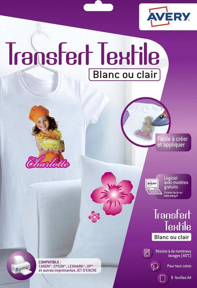 Avery transfert feuille t-shirt a4 transparent boîte de 8 feuilles