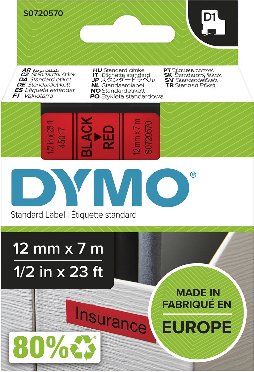 Étiquettes Dymo originales d1 | texte noir sur étiquette rouge | 12 mm x 7 m | étiquettes autocollantes pour l'étiqueteuse Label Manager | fabriqué en europe