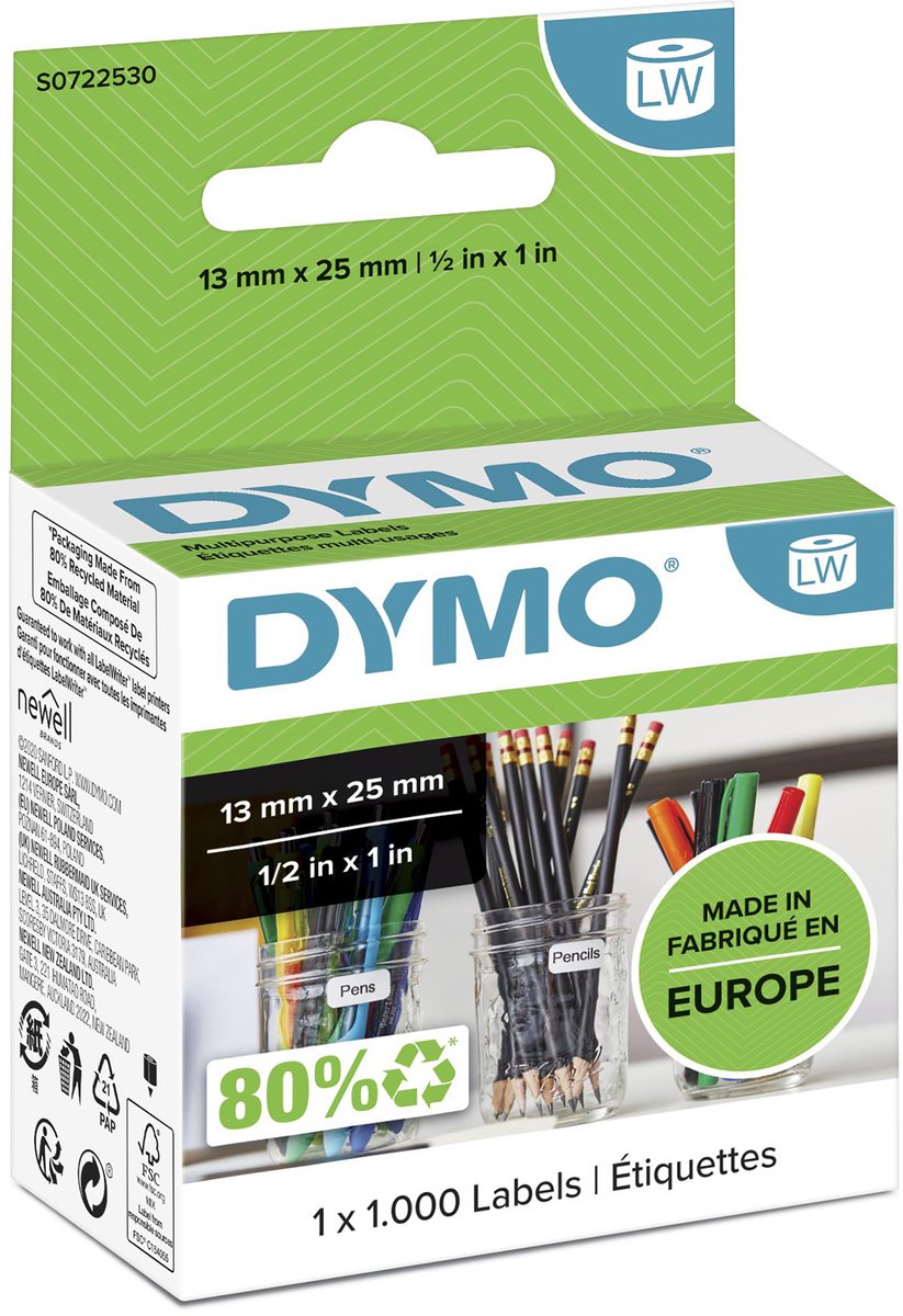 Dymo original petite étiqueteuse étiquettes polyvalentes | 13 mm x 25 mm | 1000 étiquettes autocollantes | étiquettes faciles à retirer pour les imprimantes d'étiquettes labelwriter | fabriqué en europe