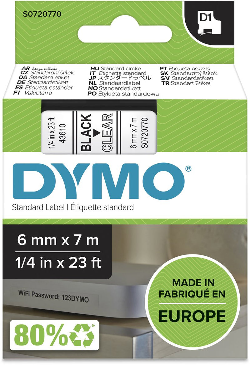 Étiquettes Dymo originales d1 | texte noir sur étiquette transparente | 6 mm x 7 m | étiquettes autocollantes pour l'imprimante d'étiquettes Label Manager | fabriqué en europe