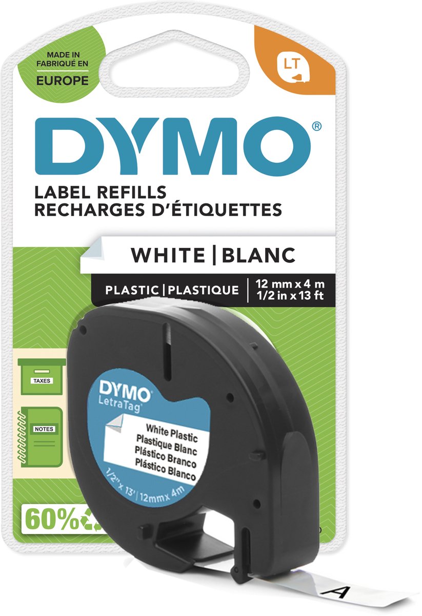 Dymo letratag ruban plastique blanc (12mm x 4m)