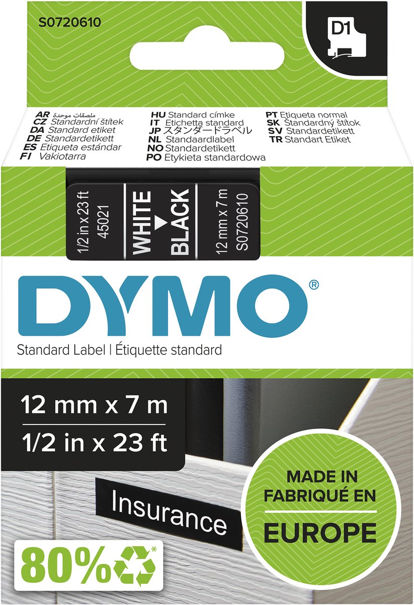 Sans marque sans marque dymo 45021 ruban d'étiquettes couleur du ruban : noir couleur du texte : blanc 12 mm 7 m - boîte de 5 pièces