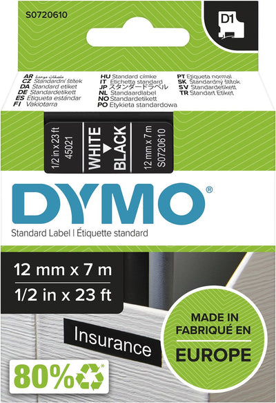 Sans marque sans marque dymo 45021 ruban d'étiquettes couleur du ruban : noir couleur du texte : blanc 12 mm 7 m - boîte de 5 pièces