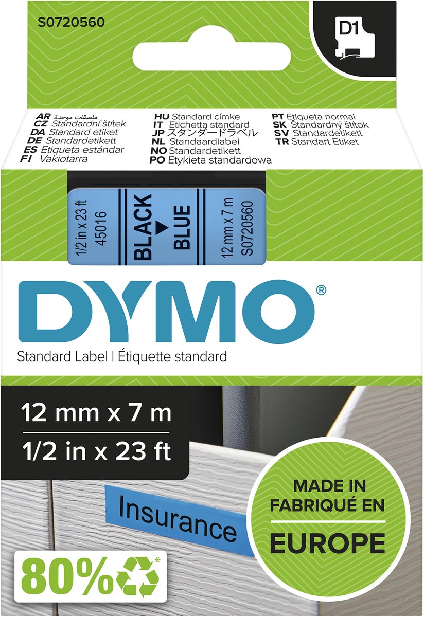 Étiquettes Dymo originales d1 | texte noir sur étiquette bleue | 12 mm x 7 m | étiquettes autocollantes pour l'imprimante d'étiquettes Label Manager | fabriqué en europe