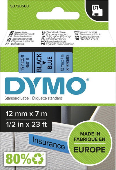 Étiquettes Dymo originales d1 | texte noir sur étiquette bleue | 12 mm x 7 m | étiquettes autocollantes pour l'imprimante d'étiquettes Label Manager | fabriqué en europe