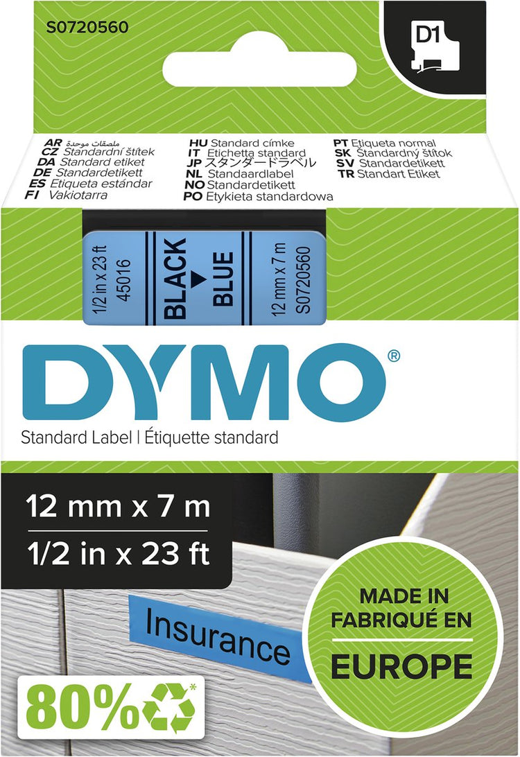 Étiquettes Dymo originales d1 | texte noir sur étiquette bleue | 12 mm x 7 m | étiquettes autocollantes pour l'imprimante d'étiquettes Label Manager | fabriqué en europe