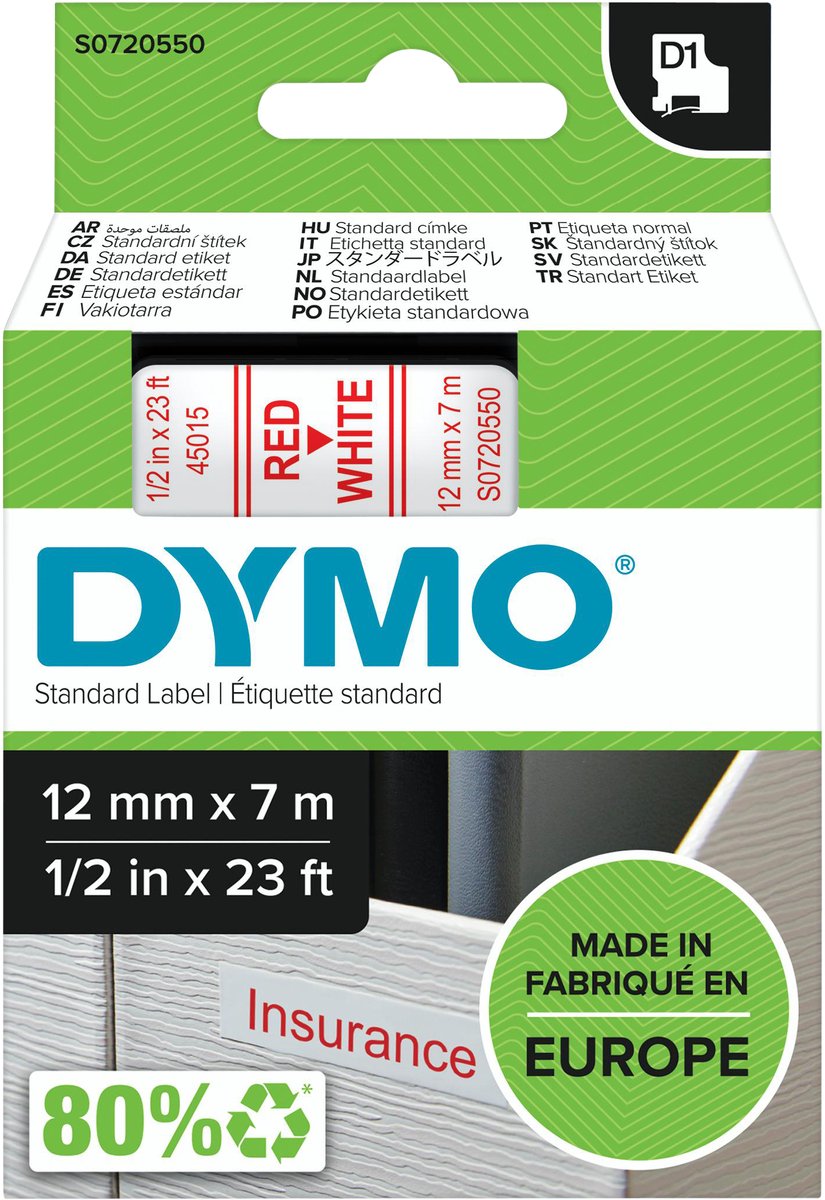 Étiquettes Dymo originales d1 | texte rouge sur étiquette blanche | 12 mm x 7 m | étiquettes autocollantes pour l'imprimante d'étiquettes Label Manager | fabriqué en europe