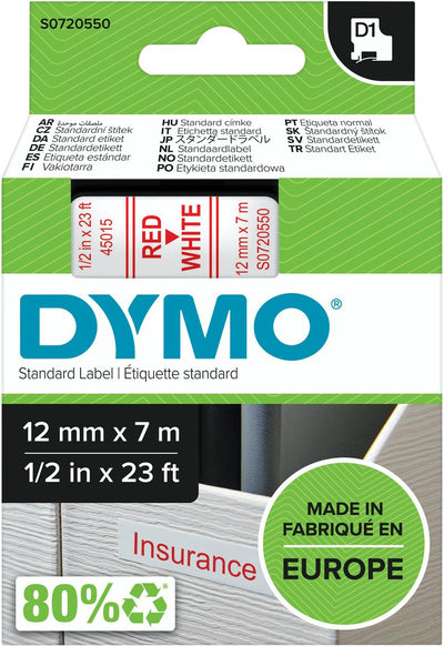 Étiquettes Dymo originales d1 | texte rouge sur étiquette blanche | 12 mm x 7 m | étiquettes autocollantes pour l'imprimante d'étiquettes Label Manager | fabriqué en europe