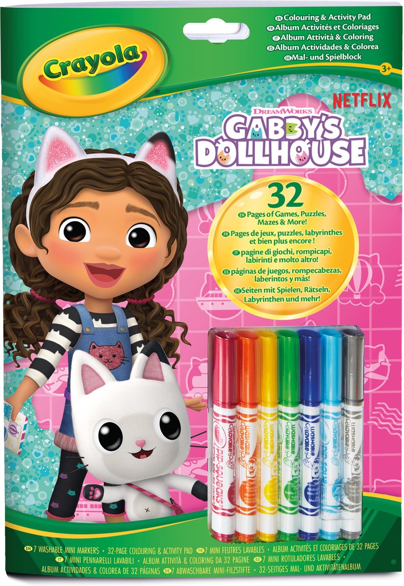 Crayola - livre de coloriage - la maison de poupée de Gabby - 32 pages à colorier et 7 mini feutres lavables