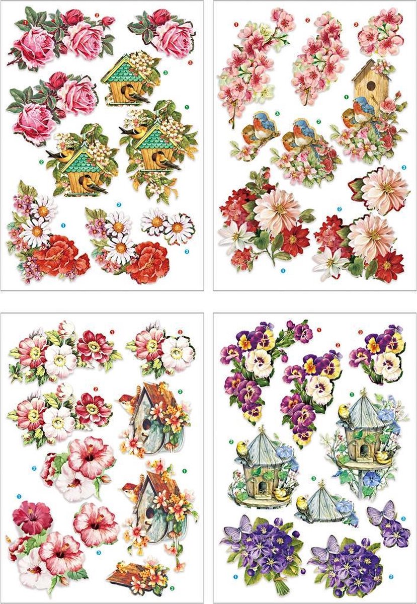 Creativ Company 3D Feuilles de fleurs et d'oiseaux, 4 feuilles