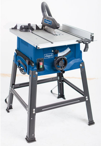 Table de scie Scheppach HS100s - 2000w - ø250mm - avec base - plan de travail extensible - hauteur et angle réglables - incl. 2x lames de scie (24t et 48t), guide d'onglet, guide parallèle, poussoir