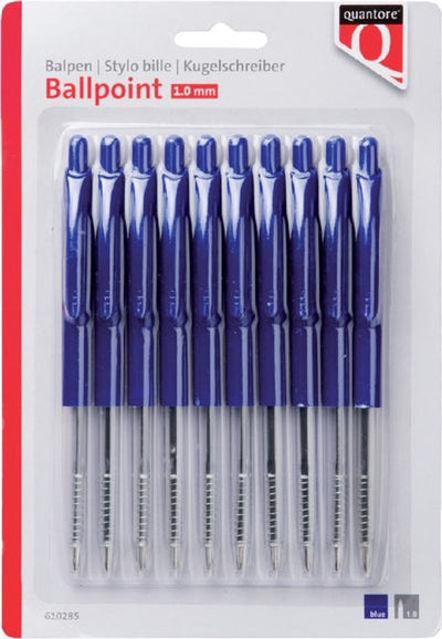 Stylo à bille Quantore bouton poussoir bleu - blister 10 pièces