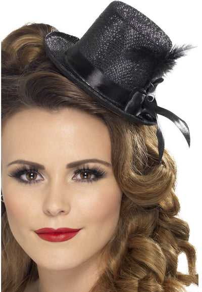 Smiffys mini chapeau haut de forme - noir - avec plume - paillettes - avec élastique - adultes - mini chapeau - carnaval