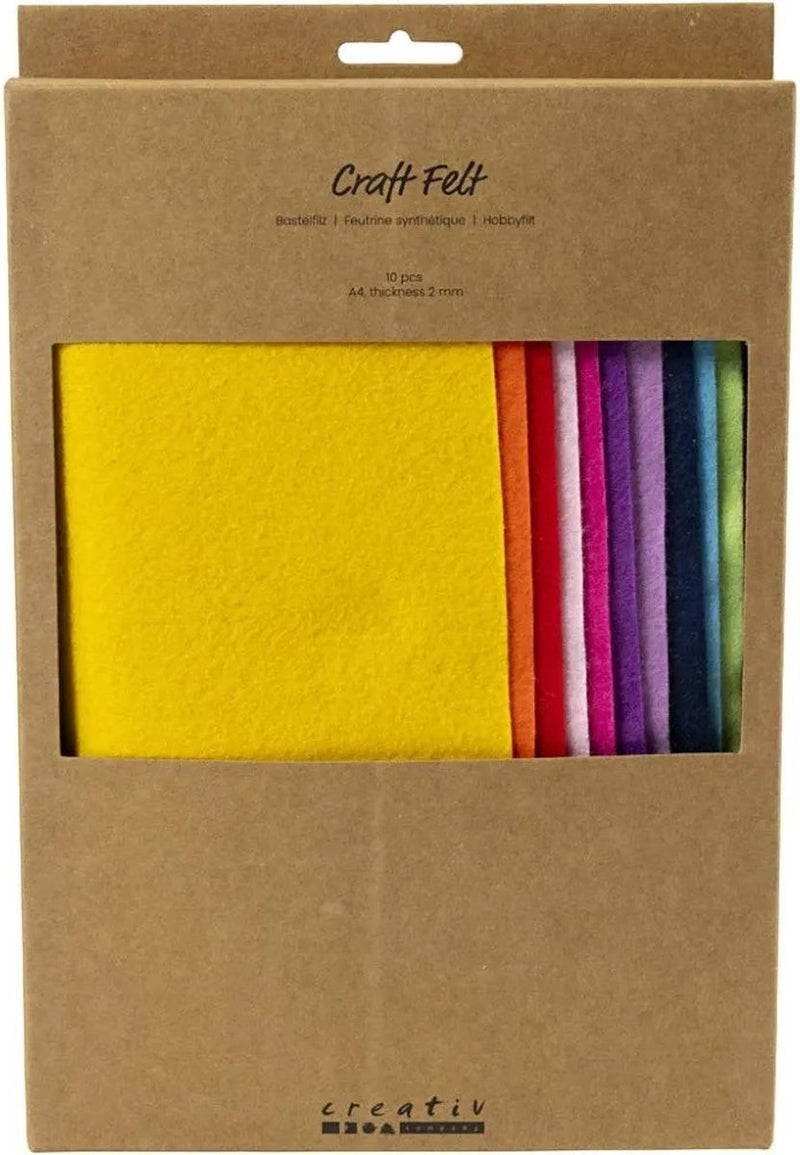 Creativ company feutre de loisirs, a4, feuille 210x297 mm, épaisseur 2 mm, coloré, 10 pièces 1 boîte