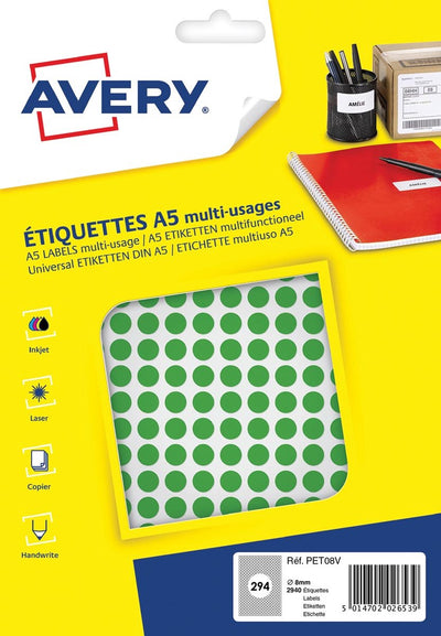 Avery étiquette a5 8mm ronde blister 2940pcs vert