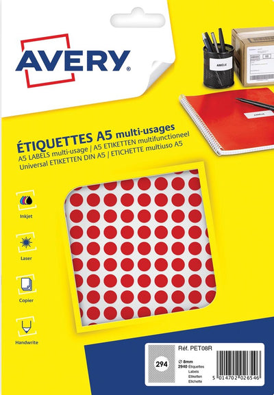 Avery étiquette a5 8mm ronde blister 2940pcs rouge