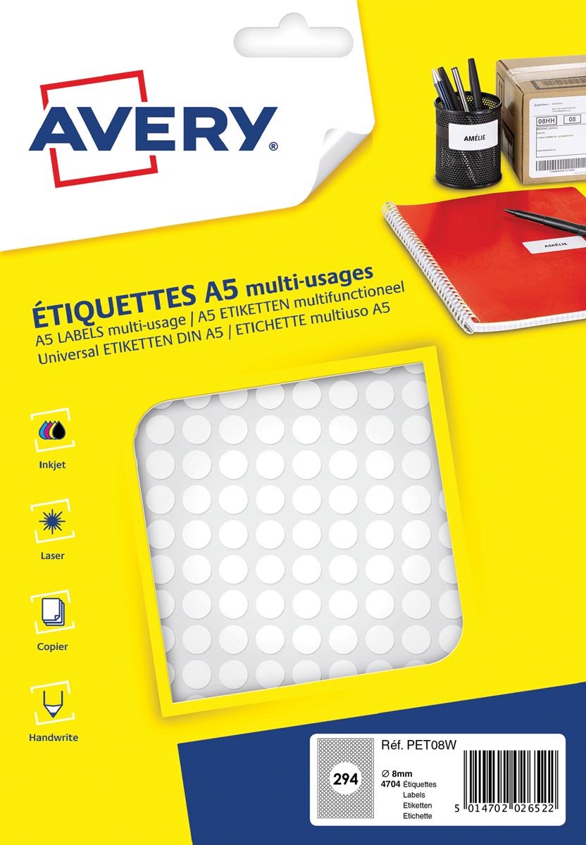 Avery étiquette a5 8mm ronde blister 2940pcs blanc