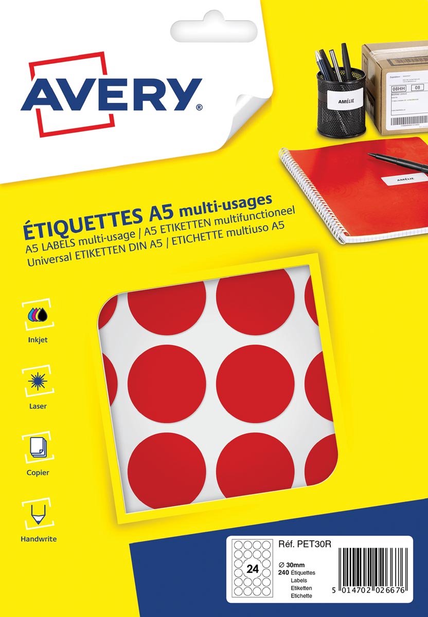 Avery étiquette a5 30mm blister rond 240 pcs rouge