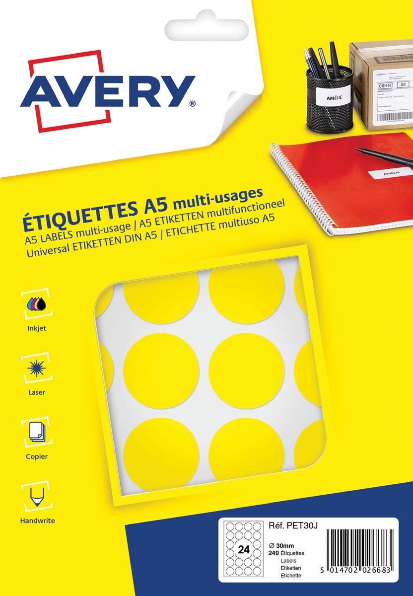 Avery étiquettes rondes 30 mm papier jaune 240 pièces