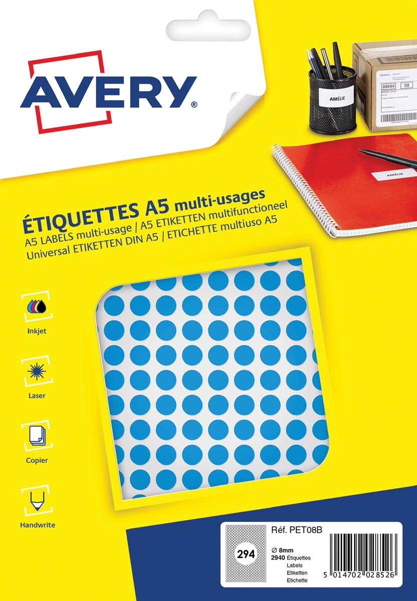 Avery étiquette a5 8mm blister rond 2940pcs bleu