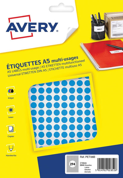Avery étiquette a5 8mm blister rond 2940pcs bleu