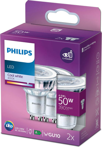 Spot LED Philips économe en énergie - 50 W - GU10 - lumière blanc froid - 2 pièces - économisez sur les coûts énergétiques