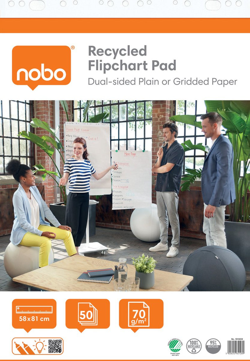 Papier paperboard recyclé Nobo en rouleau - 50 feuilles de papier recto-verso vierge ou à carreaux - 58x81cm - 70 grammes