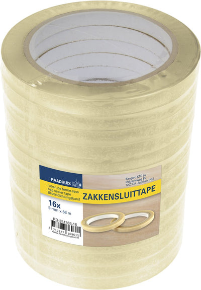 Ruban de fermeture de sac Raadhuis - pp transparent - 9 mm x 66 m - rétractable avec 16 rouleaux - ruban de fermeture de sac - rd-351363-16