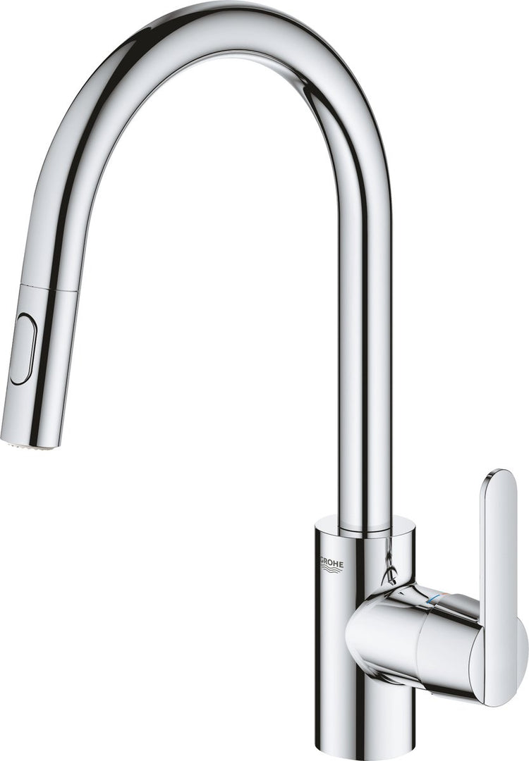 Robinet de cuisine Grohe get - bec haut - plage de pivotement à 360° - avec douchette extractible et 2 types de jet - chrome