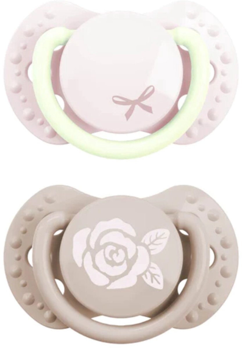 Difrax lovi sucette dynamique - chic - nouveau-né - rose clair qui brille dans le noir - 2 pièces