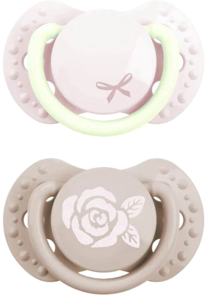 Difrax lovi sucette dynamique - chic - nouveau-né - rose clair qui brille dans le noir - 2 pièces