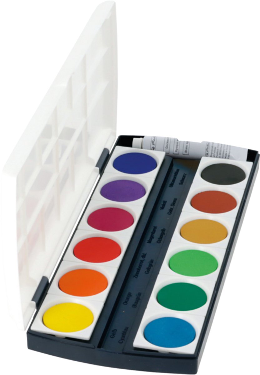 Boîte de peinture opaque Herlitz - avec palette de mélange - 12 couleurs + tube de blanc opaque