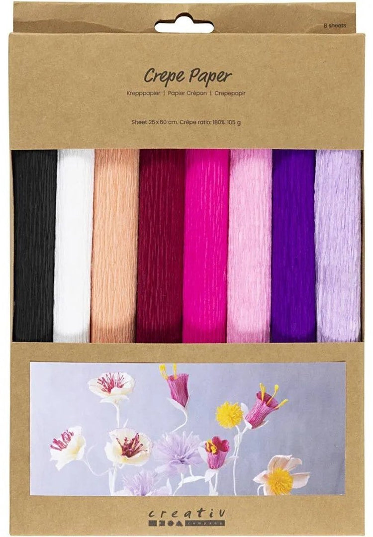 Papier crépon Creativ company, feuille 25x60 cm, taux de crêpe : 180%, 105 gr, harmonie rose violet, 8 feuilles 1 boîte
