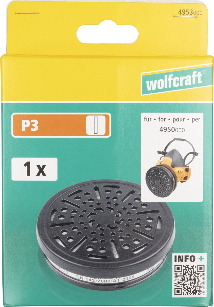 Wolfcraft - demi-masque filtre à air remplaçable p3 - filtre - masque à gaz - 4953000