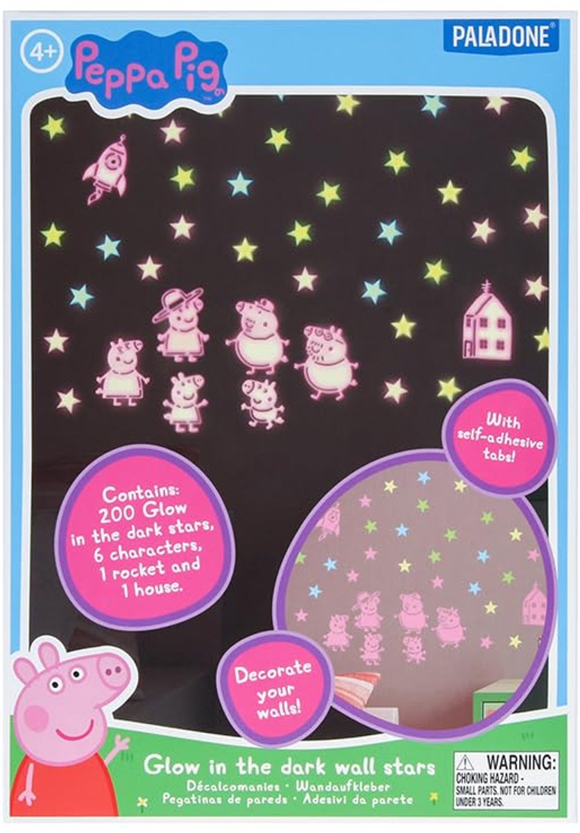 Paladone Peppa Pig Glow in the Dark Stickers muraux – Décoration de chambre d'enfant sous licence officielle avec 200 étoiles et personnages –