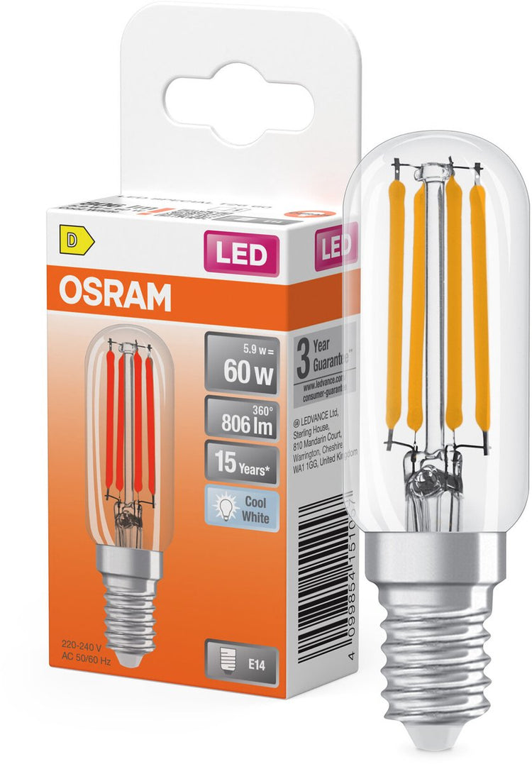 Osram Special T26 Fil 55 Petite lampe LED avec culot E14, forme fine, 4,9 W, 730 lm, 4 000 K, lumière blanche froide, bon rendement lumineux général, longue durée de vie, garantie 3 ans.